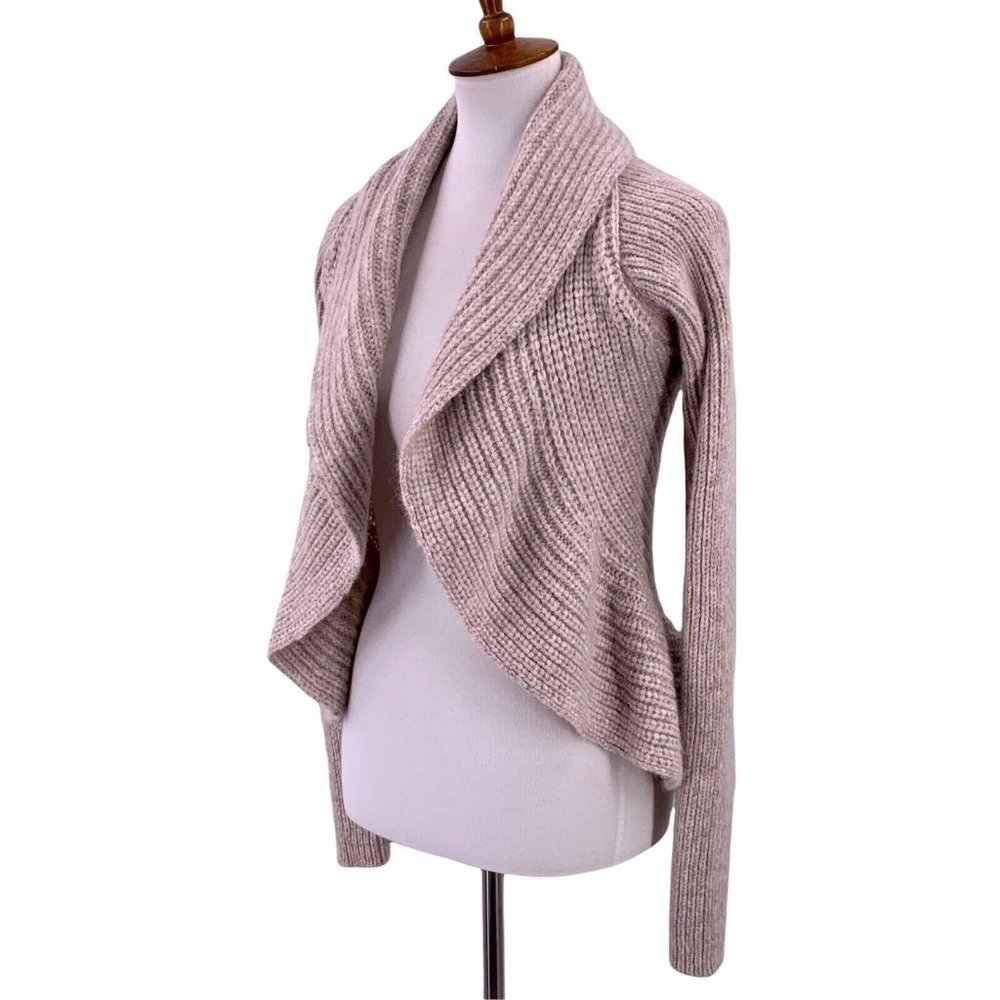 Duffy Beige Alpaca Blend Ribbed Knit Ruffle Front Cardigan Sweater Size Small